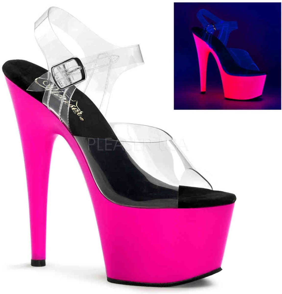 EU 37 = US 7 | ADORE-708UV | 7 Heel, 2 3/4 PF Ankle Strap Neon Bottom Sandal